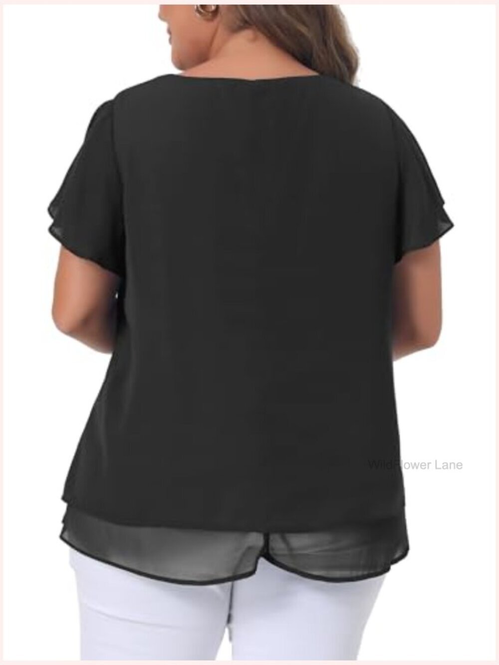 Plus Size Blouse Ruffle Short Sleeve V Neck Double Layered Hem Chiffon Casual - Picture 4 of 6